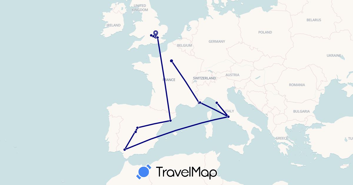 TravelMap itinerary: driving in Spain, France, United Kingdom, Italy, Monaco (Europe)